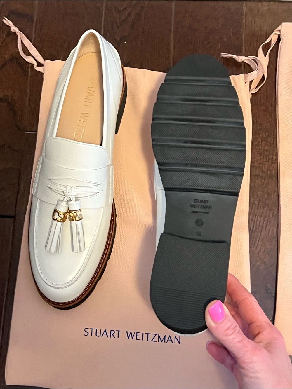 Stuart Weitzman White Leather Tassel Loafers with Gold Hardware